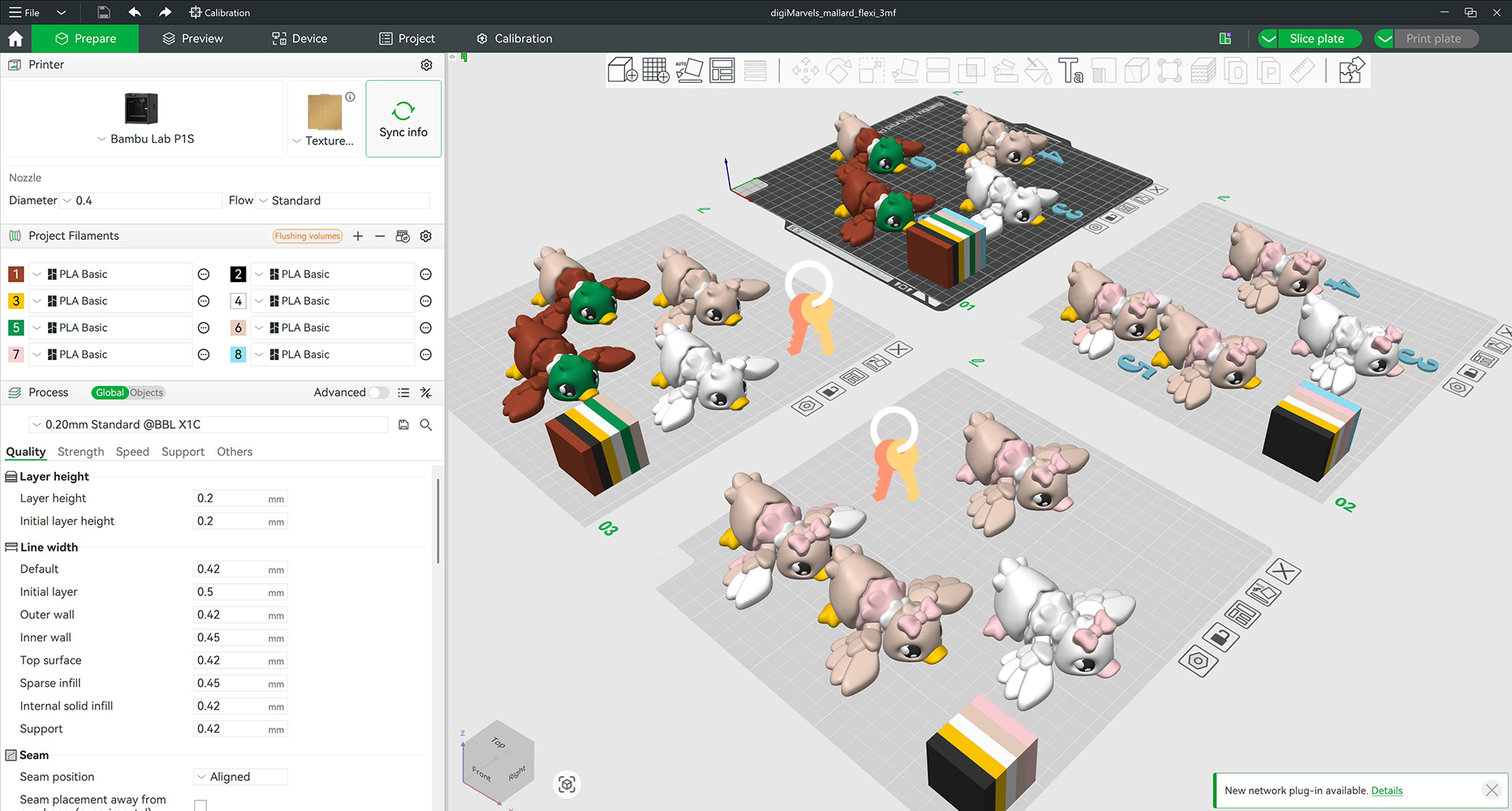 3MF layout preview — Mallard Flexi colour presets arranged in slicer